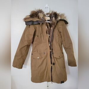 Bagatelle Brown Pea Coat with Faux Fur Trim